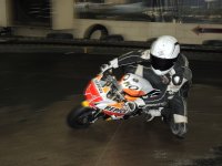 Winner of the most recent Mopar CSBK round at Canadian Tire Motorsport Park, Kenny Riedmann tries the base unit Ohvale GP-0 110 Automatic at the Mini-Indy indoor kart facility. [Photo: Colin Fraser]
