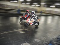 Kenny Riedmann (closest to the camera) dices with reigning Mopar CSBK National number one Ben Young during Mini-Indy test action with the Ohvale line of race bikes. [Photo: Colin Fraser]
