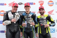 Saturday’s Super Sonic Road Race School Lightweight Sportbike podium following Race 1 at RAD Torque Raceway: (L-R) Scott Szollos (3rd), Dante Bucek (1st) and Norbert Joo (2nd). 
