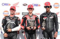 The EBC Brakes Amateur Supersport podium following Race 1 from Round 3: Cole Alexander (1st, middle), Zaim Laflamme (2nd, right), and Nicolas Audet (3rd, left). [