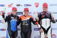 Saturday’s Kawasaki Ninja ZX-4RR Cup Race 1 podium from RAD Torque Raceway:  (L-R) Jean-Pascal Schroeder (3rd), Jacob Black (1st), Rob Cousineau (2nd).